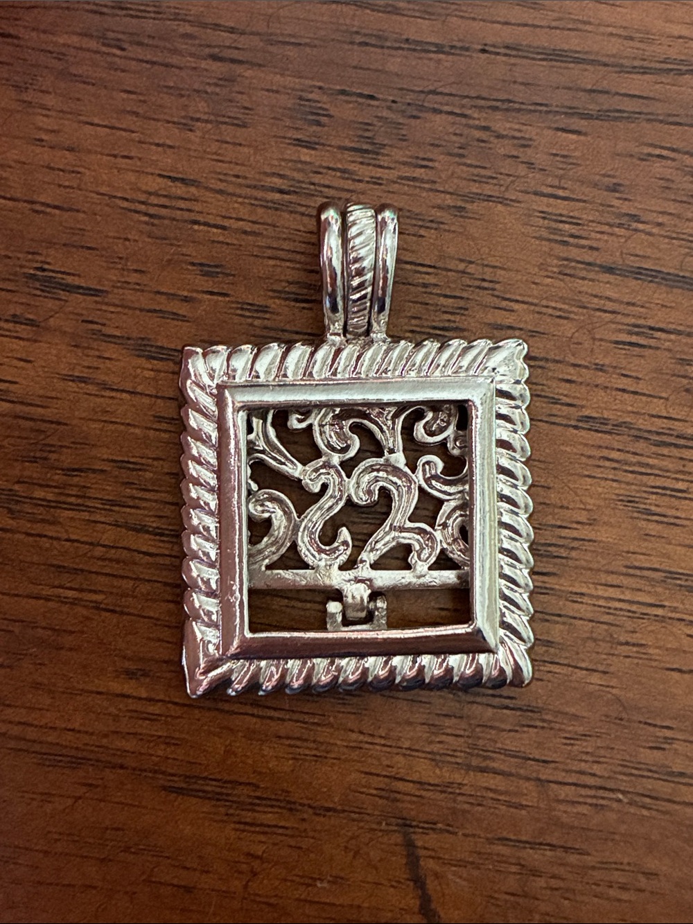 Silver-Tone Square Pendant — Filigree Picture Frame / Locket